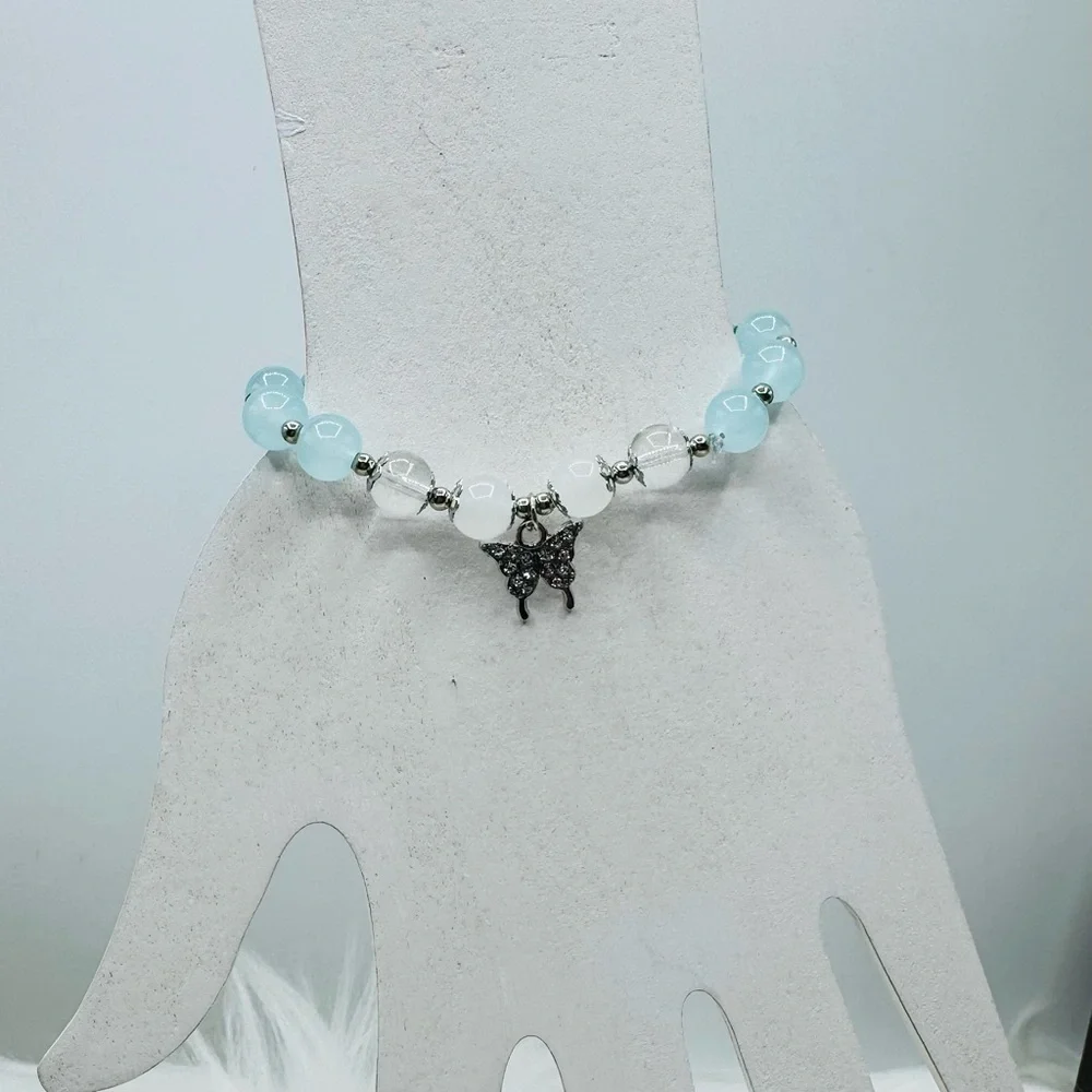 Blue Beaded w/ Sparkly Butterfly Charm Bracelet - Small wrists